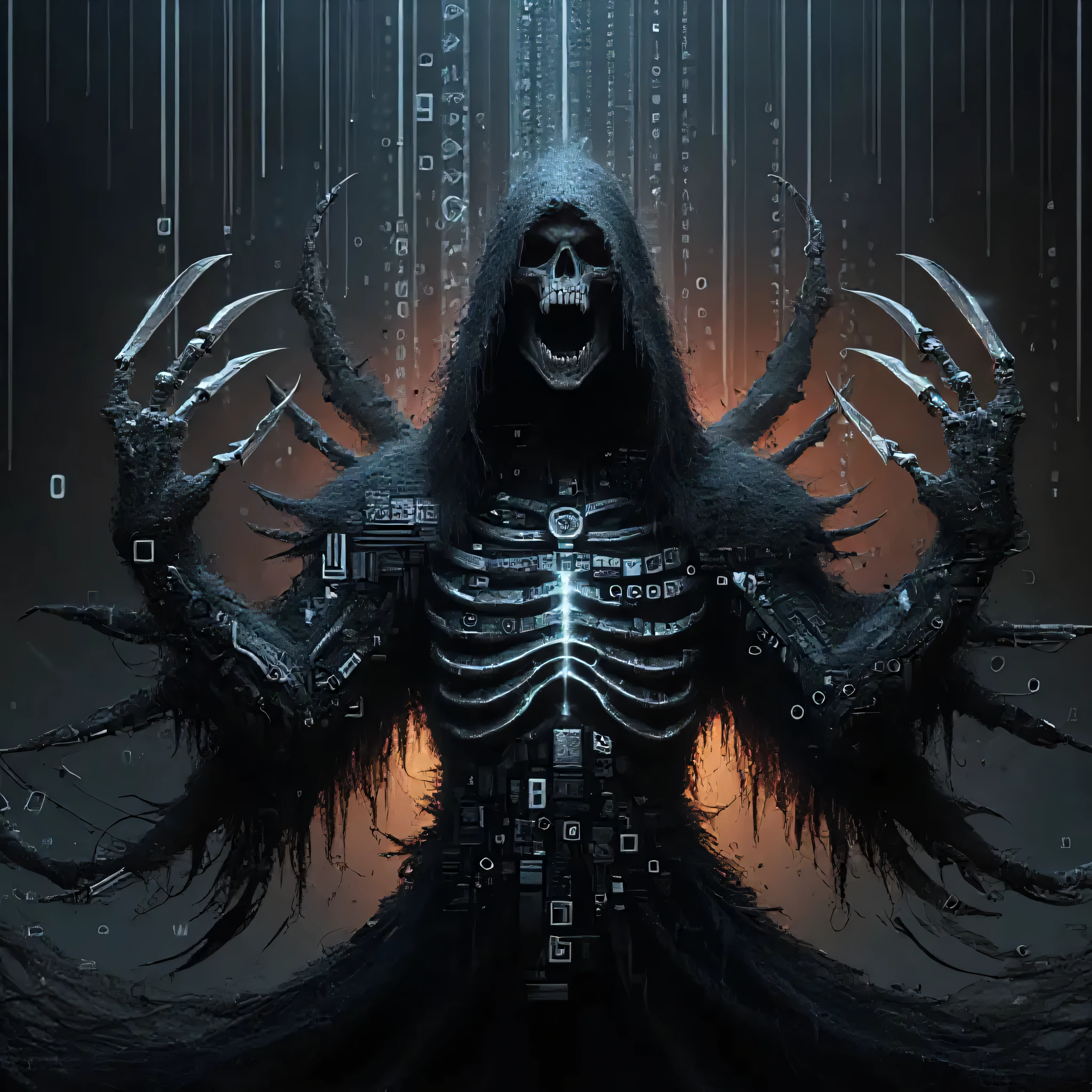 an image of a scary creature in the dark, hands holding big glowing orbs, undead cyborg head, ectoplasm, suffer, banshee, head of the man is a skull, releasing pain, embrace <lora:MoosMST4:1>