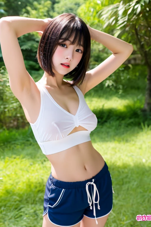 ((Best of the highest quality, 8k, Masterpiece, raw photo: 1.2)), (Sharp focus: 1.2), (1 AESPA, slim body type female, 21 y/o: 1.1), (solo: 1.28), (realistic, photo-realistic:1.37), face focus, cute face, finely eyes, (droopy eyes: 1.32), (Emphasize prominent aegyo-sal with bright: 1.2), shimmering eyeshadow applied under the lower lash line, paired with thick, (small breasts, flat chest, Thigh: 1.3), (short hair, messy hair: 1.28), (sports wear, ribbon, panties: 1.32), walking in river, (rice field, paddy field: 1.1), flower, (from below: 1.16)
