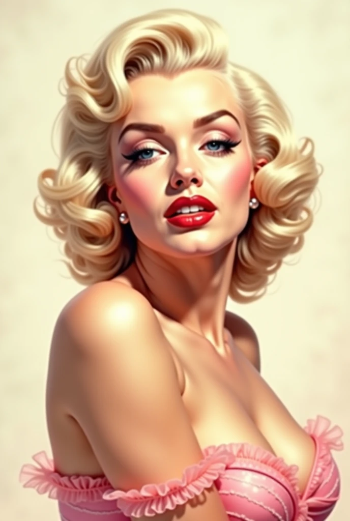 A vintage illustration of an attractive woman with platinum blonde hair, wearing pink in the style of Gil Elvgren and in the style of Frank Frazetta. Pink background. Soft lighting. High contrast.