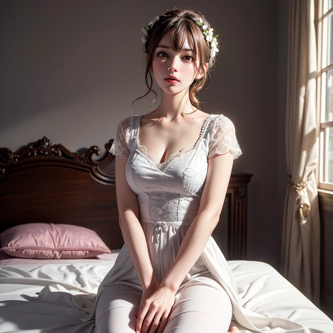 Dressed, (Photorealistic: 1.4), (Hyperrealistic: 1.4), (Realistic: 1.3), (Smooth Lighting: 1.05), (Improved Cinematic Lighting: 0.9), 32K, 1 girl, 20 year old adult woman, bright spring morning natural light, backlit, face light, ray tracking, (Bright light: 1.2), (Quality improvement: 1.4), (Top quality realistic textured skin: 1.4), fine detailed eyes, detailed face, fine quality eyes, brown eyes, (tired and sleepy and satisfied: 0.0), floral blouse with ruffles, white floral bra wearing white floral panties, one woman in Japan with a faint smile, sitting with sheets on the grass, full body, pure white smooth and shiny silk material socks, Basket with fruits and flowers, tea set, green glass jar with water, background blurred white