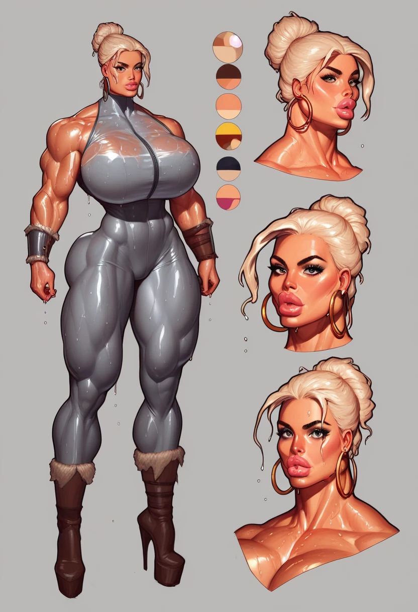 8k ((full body view)) (large eyes:1.3), defined cheekbones, ((legs spread:1.1)), looking back, ((the pit style:1.4))((bra1.6)), tight pants, sash, ((intricate details:1.4))detailed face:1.5), light skin,(puffy lips:1.5) (light skin:1.6), (bald woman:1.7), (skinhead) ((sexy pose)),(Muscular:1.3), ((gigantic breasts:1.5)), )highly detailed, ((side view:1.6)), majestic, digital photography, art by artgerm and ruan jia and greg rutkowski, ((jewelry around leg:1.4)), (masterpiece), sidelighting, intricate details, (((black and gold color palette)))