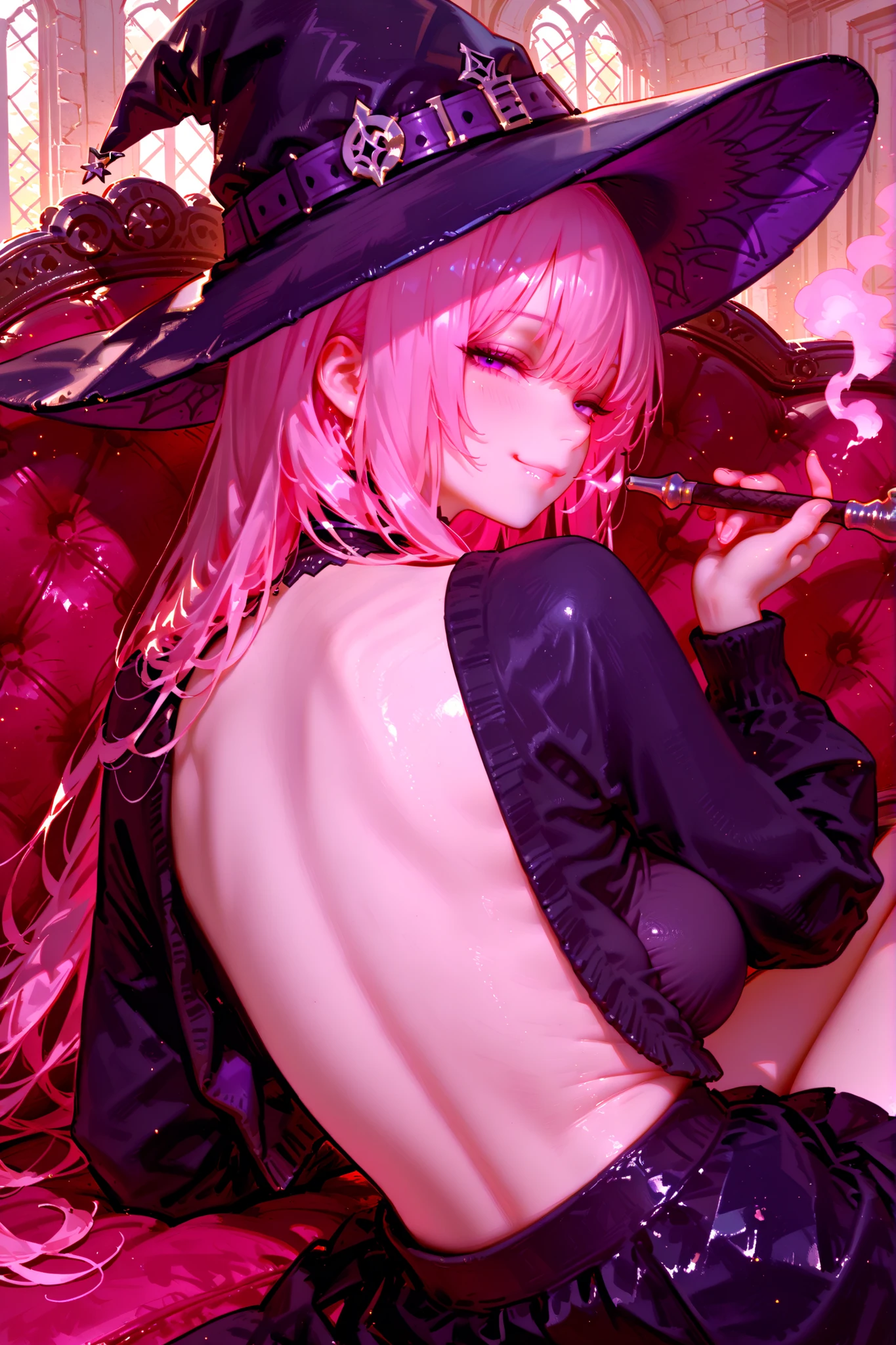 We secretly film an adult woman masturbating on a futon in a Japanese-style inn.、Naked woman with dark brown lob hair and short bob wearing a large black witch hat with sapphire accessories、my々can see her pink nipples、I can see her pubic hair、You can see her female genitalia、A woman looking at me with a blush on her face、Woman spreading her crotch、fullnude、nudde、Female genitalia are visible、clitoris is visible、She has pubic hair、The vagina is visible、Beautiful nude body、Sexy illustration、She spreads her legs and masturbates、Woman masturbating、woman looking good、The female genitals are spread open so you can see inside the female genitals.、Spreading female genitalia、You can clearly see inside the female genitals、R18 Illustration、Eromanga、erotic illustration、Two-dimensional illustration、Japan Anime、drawn by Japanese ilastrator、high-level image quality、4K picture quality、High Quality、hight resolution、5 million pixels、High Details、uncensored