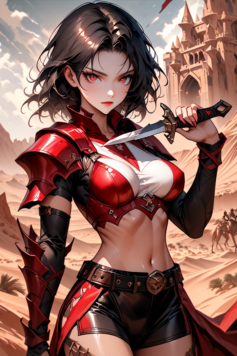 (masterpiece, top quality, best quality, official art, beautiful and aesthetic:1.2), (1girl:1.3), ((Sharp facial features, sharp features, hawkish features)), ((big hair, long black hair, ponytail)), big tiddy chaos warrior girl, extremely detailed, portrait, looking at viewer, solo, (full body:0.6), detailed background, full-body shot, (hot desert mountain theme:1.1), chaos warrior, (spiky helmet), charlatan, smirk, mysterious, swaying in mountains, armor, red metal, brass trim, long boots, dual axes, blood red fabric, pelvic curtain, loincloth, black leather, ((((spiky armor, heavy armor, blood, armored, gigantic breasts, long legs, pelvic curtain, toned, muscular)))), cute belly button, toned tummy, slim waist, slim hips, long legs, medieval (mountain exterior:1.1) background, dark mysterious lighting, shadows, magical atmosphere, dutch angle