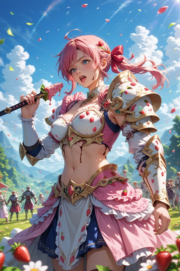 (masterpiece:1.2), (best quality), warrior woman, 1girl, best girl, intricate armor, beautiful eyes, ((medium breasts)), ((super cute)), ultra sharp, highly detailed, 1990s anime style, high fantasy, snowing, sultry look, horns, (cherry blossoms), thick lines, ultrasharp 8k, illustration, brightly colored and vibrant <lora:stylized_3dcg_v4-epoch:0.2>