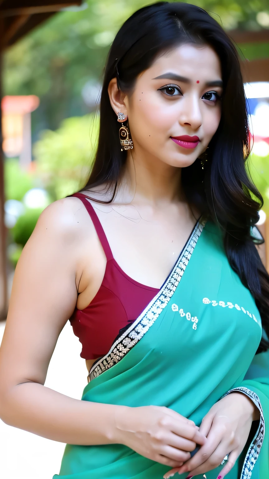 (Masterpiece, realistic, photorealistic, young Indian wife), hyperrealistic, detailed face, beautiful detailed eyes, detailed lips, extremely detailed skin, long eyelashes, cinematic lighting, dramatic lighting, color palette, oil painting, digital art, concept art, 8k, high resolution, ultra Detailed)A young wife soaked in sweat:1.1(most beautiful lady(real Indian desi face) with pretty face) with beautiful breasts ((very large breasts:1.5), (gigantic breasts:1.4), (very saggy:1.8)) wearing beautiful designer saree), very realistic skin, natural skin texture. Very beautiful face. Beautiful blouse designs, real life scene, Face details are realistic, most beautiful, pretty and delicately gorgeous. Background around her is visible enough. Her hands are perfectly shaped. Perfect shaped eyes, perfectly shaped head features. Ultra 4k quality. ultra realistic clothes. Ultra Realistic real woman.(soaked in sweat 💦:1.2), red cotton blouse, deep navel, low waist saree, wet body, swaeting heavily, dark nipple, waistband, slim belly, low body fat, jacked belly, abs muscle vissible, HD image quality, 4k image, narrow waistline, chiffon blouse, mascular belly, show armpit, dirty armpit, hands in hair, chiffon saree, light red colour blouse & saree, slim waist, slim belly, very small waist, flower hairband on head, flower in hair, long and thick hair bun, detailed embroidery saree, beautiful flowrs on saree, embroidery blouse, detailed embroidery on blouse, young wife, beautiful symmetrical face, glossy lips, perfect lips, beautiful facial structure, perfect blouse, cotton blouse, oned blouse, wearing red bindi, eye makeup, red lipstic, perfect eyes, beautiful eyebrows, eyeliner, flowers in hair, perfect saree, standing on a road, show full body, wide view, very curly hair, perfect bindi, big red bindi