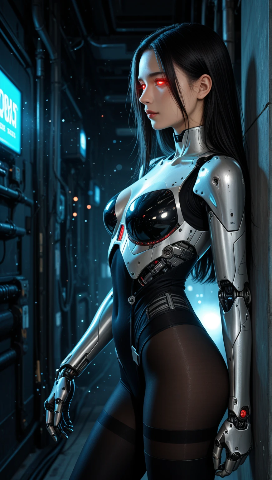 very sexy cyborg woman, very tight futuristic dress, sitting erotically, robotic arms, robotic legs, on a terrace overlooking a futuristic city with sea, futuristic city:1.5,, eroticism, sexy, black and white image, between shadows, oil painting, chiaroscuro, sensual, dramatic lighting, moody atmosphere, photorealistic, intricate details, masterpiece, ultra-detailed, high quality, 8k, best quality, realistic, cinematic, dark and brooding, expressionistic, powerful composition, emotional impact, Bill Sienkiewicz inspired art