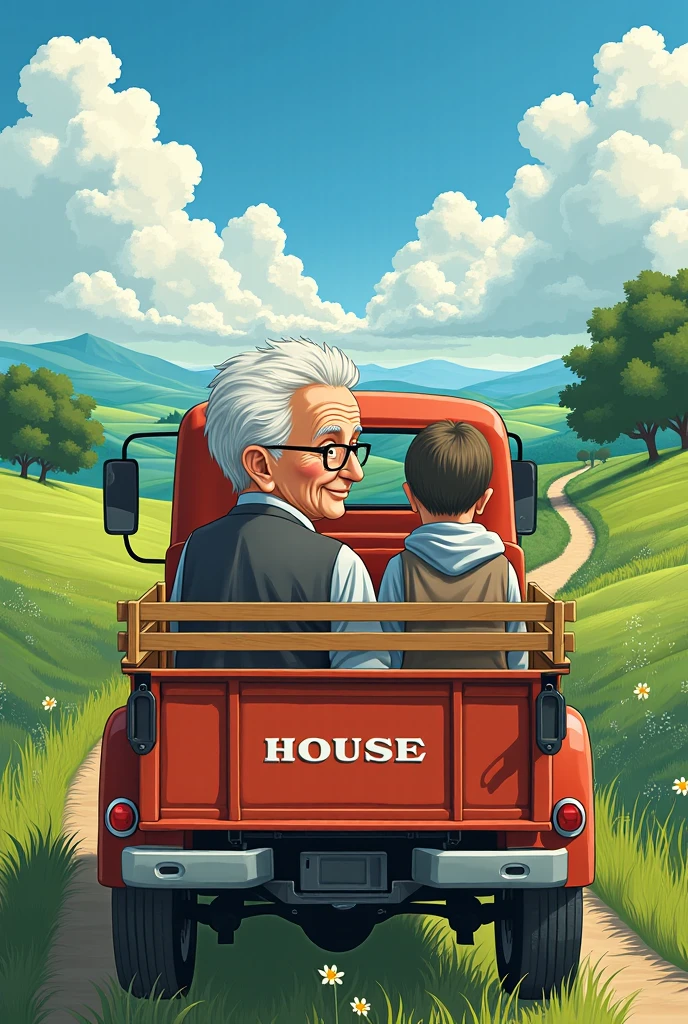 (little boy and old man:1.2), toy. play together.side by side.sitting.bright and cheerful smile.heart.game.heart-warming atmosphere.train toy.masterpiece,high quality