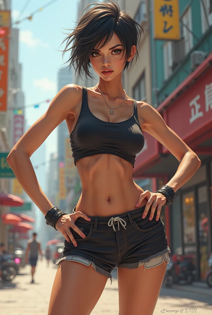 There's a very sexy 30-year-old woman in a realistic close-up, hot, despreocupado (Peta Jensen pov), medium dark gray hair and gradient at the ends, cabelo batendo nos ombros, na altura dos ombros, olhos verdes esmeralda, sobrancelha cerrada, olhar penetrante e sensual, nariz esnobado, empinado e arredondado, sardas no rosto, rosto ruborizada, thick lips, boca entreaberta, jaqueta de couro preta usada, Usado, jaqueta aberta para a barriga, totalmente aberta, barriga com piercing, no-bra, not wearing a bra, corpo perfeito e sexy, great contrast, realista, barriga natural marcada, jeans curto curto desabotoado, open zipper, sem calcinha, does not wear panties, quadril largo, pele com sardas, peitos grandes (Oppai), massivos, Mamalhuda, Seios enormes (peitos grandes) e molhados, drops of water running over your body, seios molhados, algumas poucas sardas nos seios, seios arredondados e volumosos, mamilos estufados e molhados, well visible, molhada, pingos de chuva, tempo nublado e fechado, Realistic cinematic light, dust particles in the air, parada olhando para cima, vista de cima, close de cima, View from above, olhar de cima, wearing sneakers, Sneakers tied, branco com linhas azuis, Stop at a bus stop on the road, estrada na coluna, lugar afastado, banco velho e bem sujo, descascando, Mooring, Great details, realista,estrada abandonada, com chuva leve, rusty road signs, mato seco, quadril largo, ajeitando os cabelos, realista, 4k, profundidade,