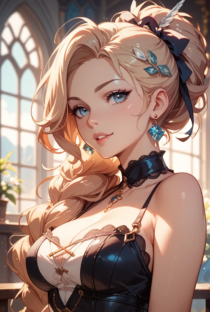 (masterpiece), best quality, expressive eyes, perfect face, upper body, beautiful face, mature woman, focused, beautiful eyes, jade eyes, medium golden hair, brown skin, boudoir steampunk dress, clockwork tower background, front view, close up, pink lipstick, pink blush, facing viewer, grown up woman , mature face
