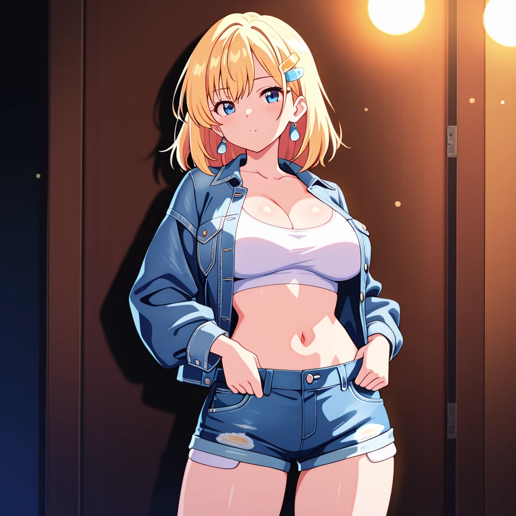 (8K、Top image quality、top-quality、​masterpiece)、1 girl in、(Blonde shorthair)、(waved hair)、Brown skin、light blue  eyes、evilsmile、piercings、large full breasts、cleavage、(White tube top)、(strapless)、navel、denim short shorts、long boots、(squatting open legs)、pole dance、Taken from below、dark stage background、Pink neon