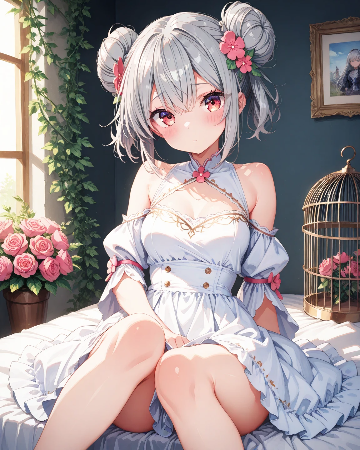 flower, nail_polish, plant, potted_plant, double_bun, flower_pot, vase, toenail_polish, animal_ears, rabbit_ears, rose, red_nails, leaf, red_flower, hydrangea, feet, tulip, bamboo, pink_flower, morning_glory, purple_flower, pink_rose, toenails, 1girl, long_hair, vines, blue_nails, toes, red_rose, thighhighs, bouquet, cactus, ivy, garden, soles, pink_nails, blue_eyes, barefoot, sitting, watering_can, yellow_flower, interlocked_fingers, black_legwear, palm_tree, looking_at_viewer, tanzaku, nail_art, tanabata, rabbit_girl, window, amiya_\(arknights\), lily_of_the_valley, camellia, silver_hair, solo, ribbon