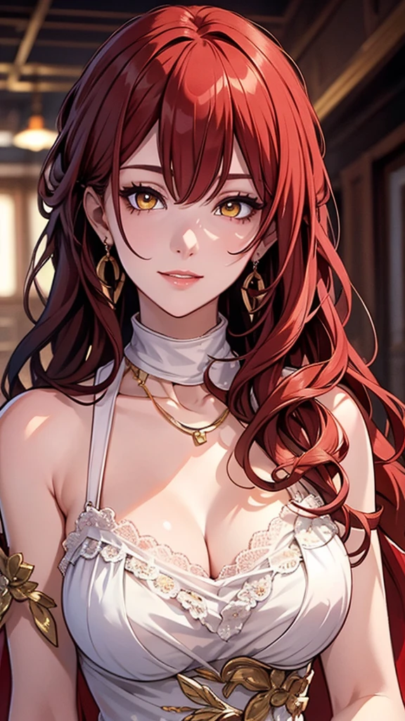 (masterpiece, top quality, very aesthetic, 4k、illustration), intricate detail, 1woman,solo,contrapposto 、(gradient eyes、tareme)、Strong glowing eyes、parted bangs,Fair skin,(upper body)、Cool women、Cleavage、 smile、(red lipstick),beautiful face、(gradient hair)、(dark red hair)、(curly hair),sidelock ,parted bangs,red eyes、halter top Victorian Dress、medium breasts、slender 、