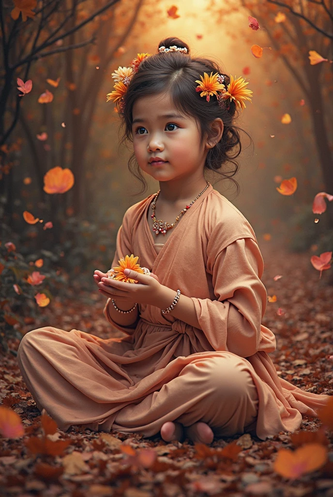 A tiny beautiful girl in Thai costumes hanging from a tree branch, sleeping with their hands covering their chests, with water droplets clinging to their bodies. Close-up, high-resolution, realistic, cinematic lighting, warm tones, 8k. Masterpiece.