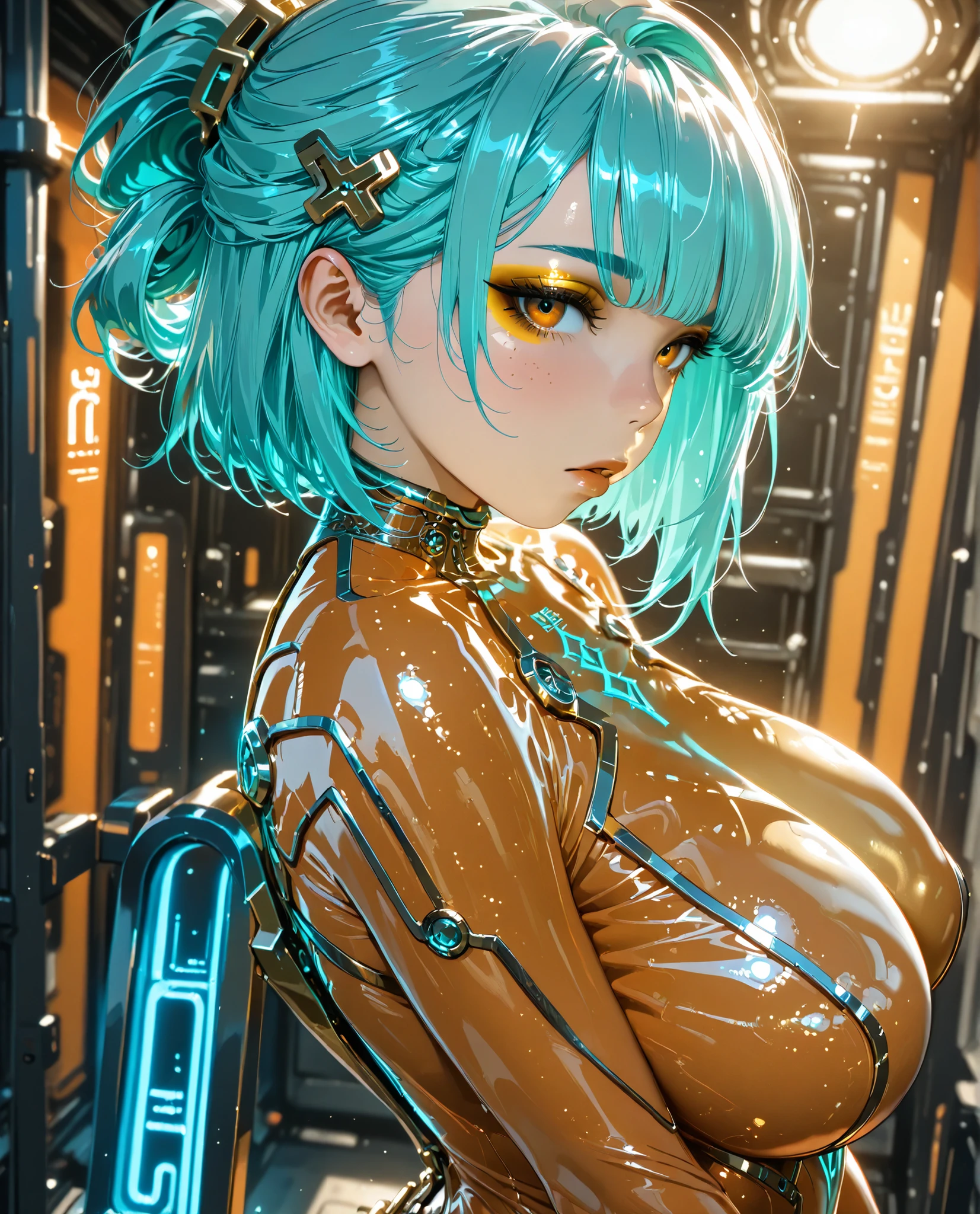 huge_breasts, from_side, 1girl, (solo:1.2), absurdres, aqua hair, short hair, (braided_bangs_(hairstyle)), orange_eyes, golden_eyeshadow, 1girl bodysuit breasts ladder parted_lips skin_suit_(stellar_blade) skin_tight solo