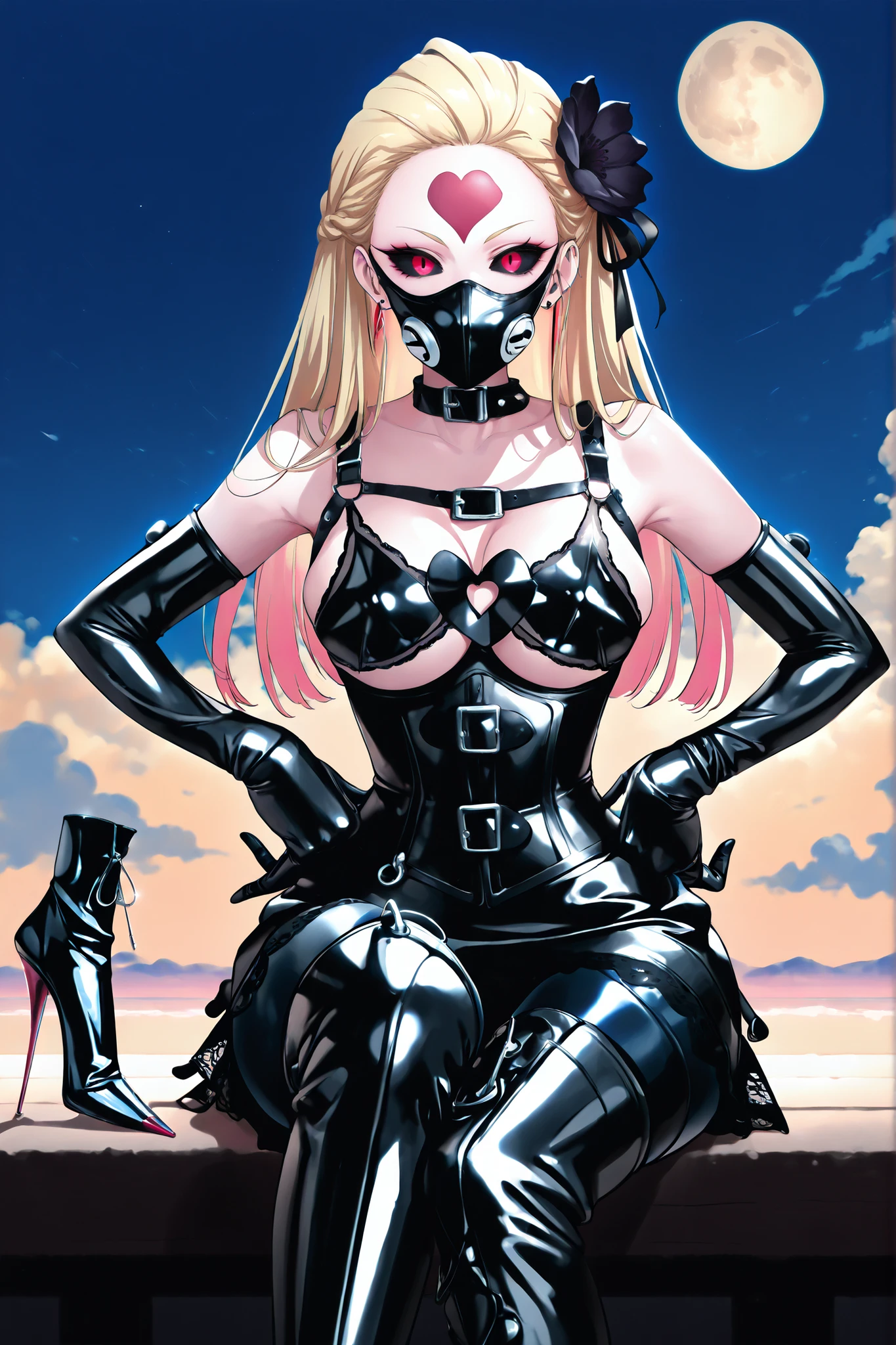 (((sitting cross-legged)))、Wear a strap on to the crotch、Queen、((( 1 woman)))、(((solo:1.8)))、(((black latex elbow gloves:1.4)))、(((black latex corset dress:1.4)))、(((Corset Dress is adorned with beautiful lace)))、(((Corset Dress with Shoulder Straps)))、(((black latex tight miniskirt:1.4)))、(((Black Thigh-High Boots:1.4)))、(((Black rubber tights:1.2)))、(((stiletto heel boots:1.4)))、(((Stiletto Boots:1.4)))、(((black latex high leg panties)))、(((black latex bra)))、(((Black leather collar)))、(((Bold Poses:1.4 )))、Wide legs:1.2、(((erotic)))、(((cowboy shot)))、close-up、(((place your hands on your hips)))、beautiful eyes with highlights、Completely Bound、perfect 2 anatomical arms、perfect anatomically based 2 legs、(perfect 4 fingers and 1 thumb)、最高masterpiece、masterpiece、absurdres、High Definition、Hi-Res 8k、detailed faces with ofisu、detailed eyes、Detailed Hairstyle、masterpiece, top quality, 1girl, soloポムドス, Blonde, long hair, Black Sclera, Red Eyes, Mark on the forehead, hair flower, Black Flower, mask, big boobs, black t-shirt, red shorts , upper body, Watch Viewers, Holding Ice Cream, summer, moon, Blue Sky, Cloud