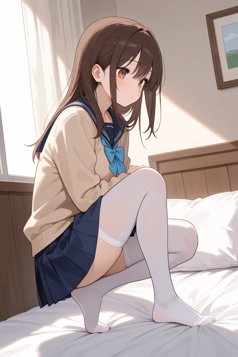 ((masterpiece, Highest quality, High resolution, 超High resolution, Pixel Perfect, Written boundary depth, 4K, RTTX 10.0, Human Development Report))), 1 Girl, single, alone, beauty、View the whole body、 ((Long Hair, Short Liuhai, Reddish brown hair)), ((blue eyes, Beautiful eyelashes, Realistic eyes)), ((Detailed face, blush:1.2)), ((Smooth texture:0.75, Vibrant Texture:0.65, Vibrant:1.1, Anime CG Style)), Medium chest, Perfect body, smile, attractive way to sit, Brewing tea in a teapot, (The wind makes my hair flutter,Bare shoulders、Expose your breasts) , It snows heavily at night、(((Showing panties:1.3)))、M-shaped legs:1.4 Highest, masterpiece, High resolution, (Head to toe full body view), front, frontComposition from slightly below, Symmetric, Tall 18 year old girl, alone, (Head to toe), (Small breasts), Unkempt brown hair,(White luxury lingerie), (Sit with your legs apart), (Crouching pose), (A composition showing white panties), (Her legs were spread、I see your white pants.), (I was made to sit on the floor with my legs spread...),((((M-shaped legs:1.4))))
, Thin legs, A very beautiful and tall 18 year old girl, (No shoes), blush, Shy big eyes, looking at the camera, (((blazer uniform, Checkered Pleated Skirt)))、((Vulgarity)),