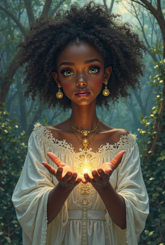 A beautiful fairy tale theme with a sweet-faced African American woman. Hyper-realistic.