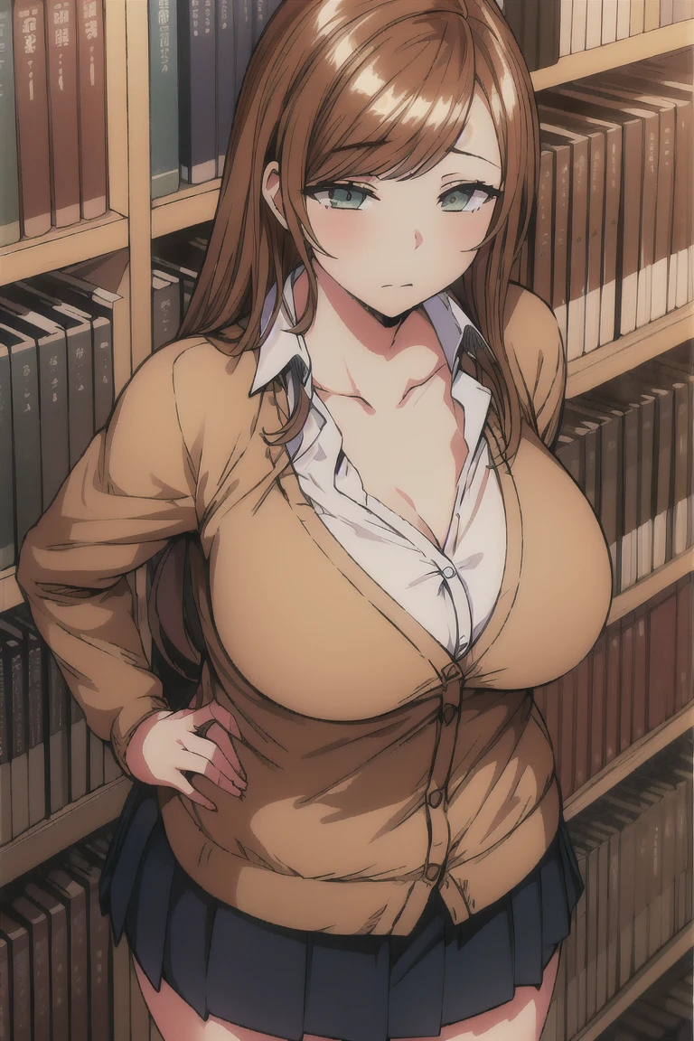 1 woman, solo, tall woman, long orange hair, straight hair ,orange eyes, (Full Breasts), High Height,masterpiece, high resolution, shiny, full body, beautiful,A cute smile that makes the viewer happy,highly detailed beautiful face and eyes,looking at viewer,necklace,large breasts, jacket,pencil skirt, thighhighs,waving,in book shop,in book store,