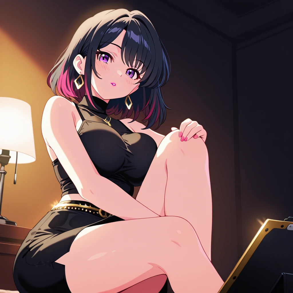 obra maestra, mejor calidad, high resolution, amazake, (pelo de antena:1.2), sonrisa, Ombligo pechos enormes Mazaki Anzo Kyoko Masaki / yu ji oh! Cyan eyes Bright yellow bra pink jacket pink shorts earrings closed mouth sonrisa belt, pulsera, muslos blancos, tacones altos, focus full body,