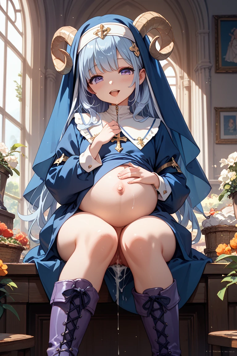 score_9, score_8_up, score_7_up, 
1girl,  Laura la Mer, pink hair, blue eyes, pink eyebrows, long hair, blue hairband, narrowed eyes, naughty face, 1girl, nun outfit, church, after sex, cumflation, colossal belly, cum overflow, spread legs, lying on back, on floor