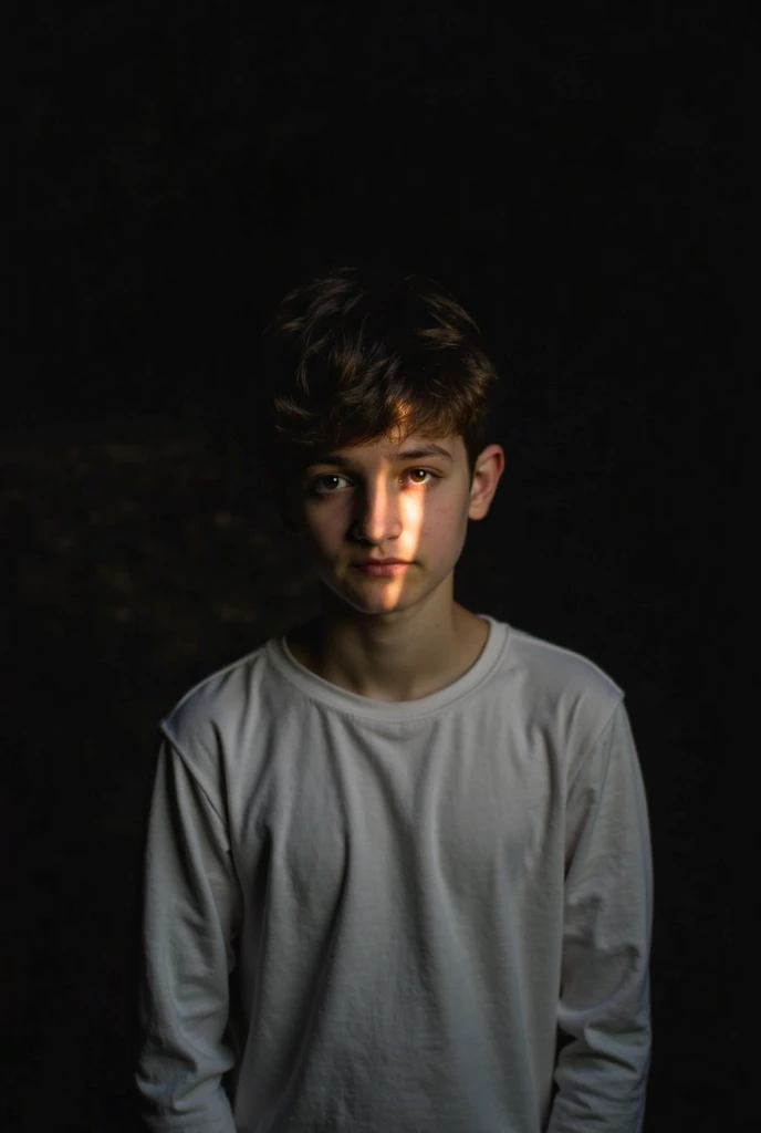 Image of a 15 year old boy with shadows behind him looking at his eyes