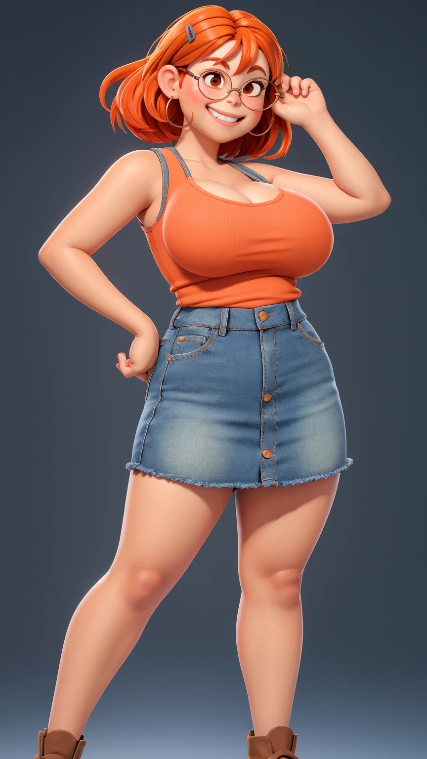 taut like a big inflated balloon、ultra gigantic tits、Super burst breasts、Super big、Big,Cartoon girl with green hair and blue shorts holding mobile phone, full body portrait of a short!, Wearing a camisole and shorts, Full body:: Sunny weather::, anime full body illustration, !!Full body portrait!!, perfectly shaded body, Wearing a tank top and shorts, portrait of a full body, wearing casual clothing, thin-waist,