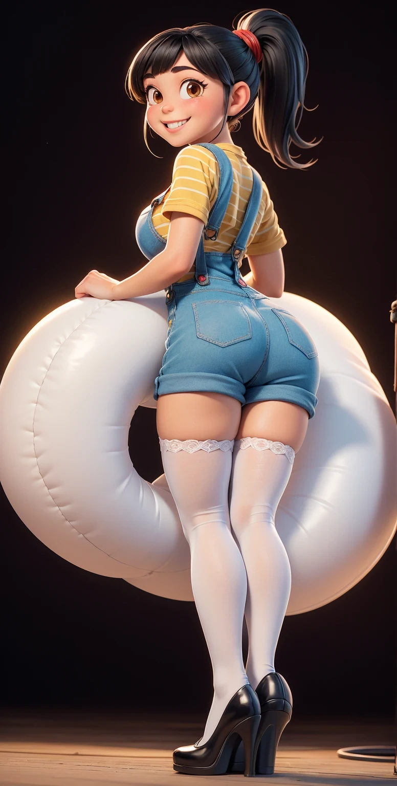 Full body shot, full shot,(best quality:1.4),(shiny skin), body focus, (cute face), (((best quality))), illustration, ((Beautiful Finger)), , Beautiful body, Beautiful character design, ,perfect lighting, Colorful, Bright_Front_face_Lighting, ultra high res, highres, absurdres:1.2, bokeh:1.2, lens flare, (vibrant_color:1.2), (Beautiful, medium breasts:1.6), (thick thighs:1.1),((white stockings, THICK, in white laced stockings)),
Black hair with straight bangs and a ponytail with a red band, big round brown eyes, slightly blushed cheeks, smiling expression, wearing a striped yellow and blue shirt, blue tiny overalls , white cotton stockings, mary_janes , full_shot ,full body shot , (so tiny tight overalls), from behind, from back , bubbleass, bubble , tall platform_heels, perfect anatomy, sexy pose,