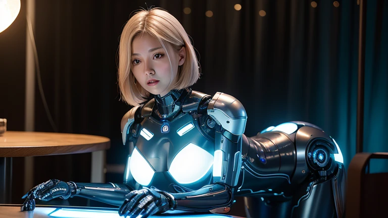 ((((8k))),((Extremely meticulous CG)) ,(wallpaper),16k,((Extremely refined and beautiful))，(((Masterpiece))),(((best qualtiy))),(((Ultra High Resolution))),beautiful light up,Perfect lightning,realistic shaded,[A high resolution],(Smooth and flawless fair skin:1.5),(pale skin:1.3),Extremely exquisite facial details,(perfect body：1.1),ultra - detailed,A beautiful girl,(robot maid:1.5),solo,small head,(long blond hair:1.1),(Hair fluttering:1.1),small face,Exquisite makeup,(small breasts:1.1),flat chests,slim,thin,happy,(Smile:1.2),(pantyhose:1.2),(high heels:1.2),(night scene:1.5),indoor,(detailed background:1.5),(sitting on the floor),(spread legs apart:1.3),(full body:1.2),(from front:1.2),(Impresionismo:1.2),Robot Butler,(in a restaurant:1.2),blurry backround,Machine body,A maid with a twinkle in the eye,made of metal,pinafore,Machine Made,Metal headband,Curve,cleavage