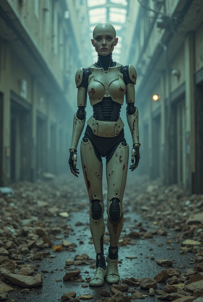 Naked Female T-800 (face:January Jones) with flesh and skin covering endoskeleton full body. It’s like human 100%. It’s walking in a factory (no wearing any clothes, it is completely naked)