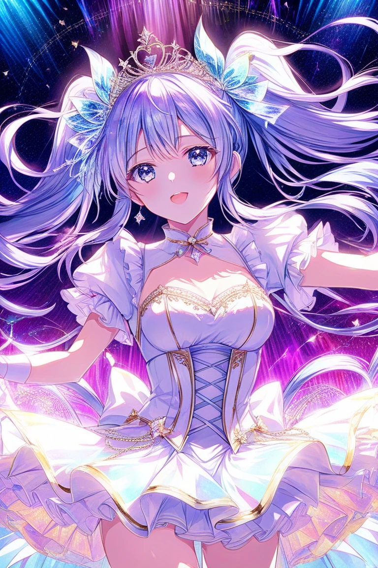 Facing right, ((((Masterpiece)))), (((Best Quality)))), ((((Very detailed))), Detailed fingers, Illustration, 1 girl, Solo, Sky blue long hair, violet colored eyes, Flower hair ornament, White feather hair ornament, Yellow moon hair ornament, Wide open chest, Large breasts, Large white ribbon at the waist, Yellow idle dress, Choker with yellow ribbon with white flowers, White gloves, White tights , MIKU, Royal Elegant Pose