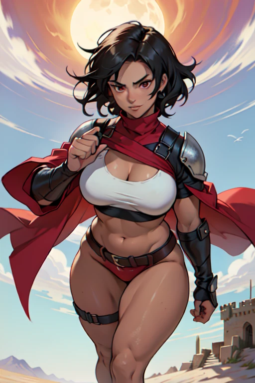 (masterpiece), best quality, expressive eyes, perfect face(masterpiece), best quality, expressive eyes, perfect face, Female warrior, short black hair, scar on left eye, bronze skin, red lips, amber eyes,, wide hips, large breasts, holding a sword, red cape torn shoulder, arm sleeves, belt on legs, steel plate boots, steel plate gauntlets, chocker, breast plate, pussy plate, body scars