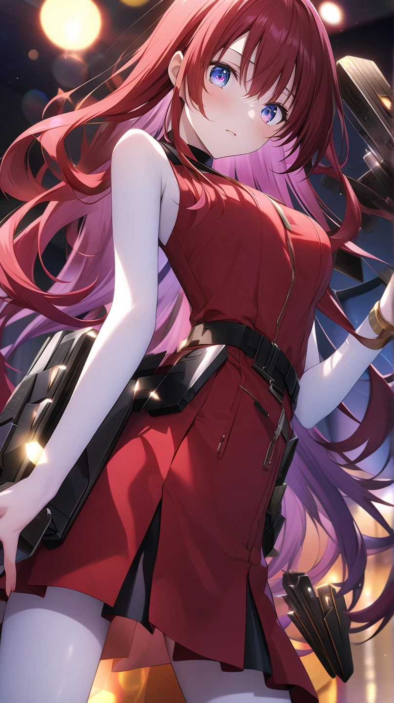 anime character in red dress standing, modern cyberpunk anime, katanas strapped to her back, red dress, black and purple mixed color hair, long hair, Purple eyes, black lips