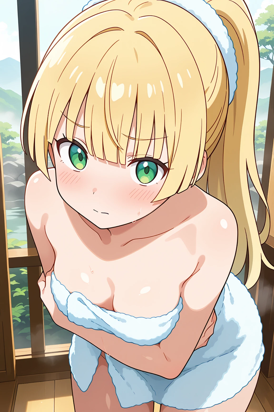 NSFW,(pale illustration,anime illustrations:1.2),(masterpiece, highest quality, so beautiful, Super detailed),textured skin, high details,8k,gleaming skin,pale outline
(hachimiya meguru, idolmaster:1.2),gold hair,
1 girl,(black Thighhighs:1.3),middle breasts,shorty,happy smile,
nude,mob cap,standing,
from front,white and clean bedroom