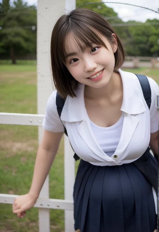 (8k),(masterpiece),(Japanese),(8-year-old girl),((Innocent look)),((Childish)),Front view,smile,cute,Innocent,Kind eyes,Plain T-shirt,Short sleeve,Blue checked short skirt,(Carrying a red backpack),semi-long,Hair blowing in the wind,Black Hair,Somewhat strong wind,noon,bright,Skirt Lift,Panty Focus,White panties
