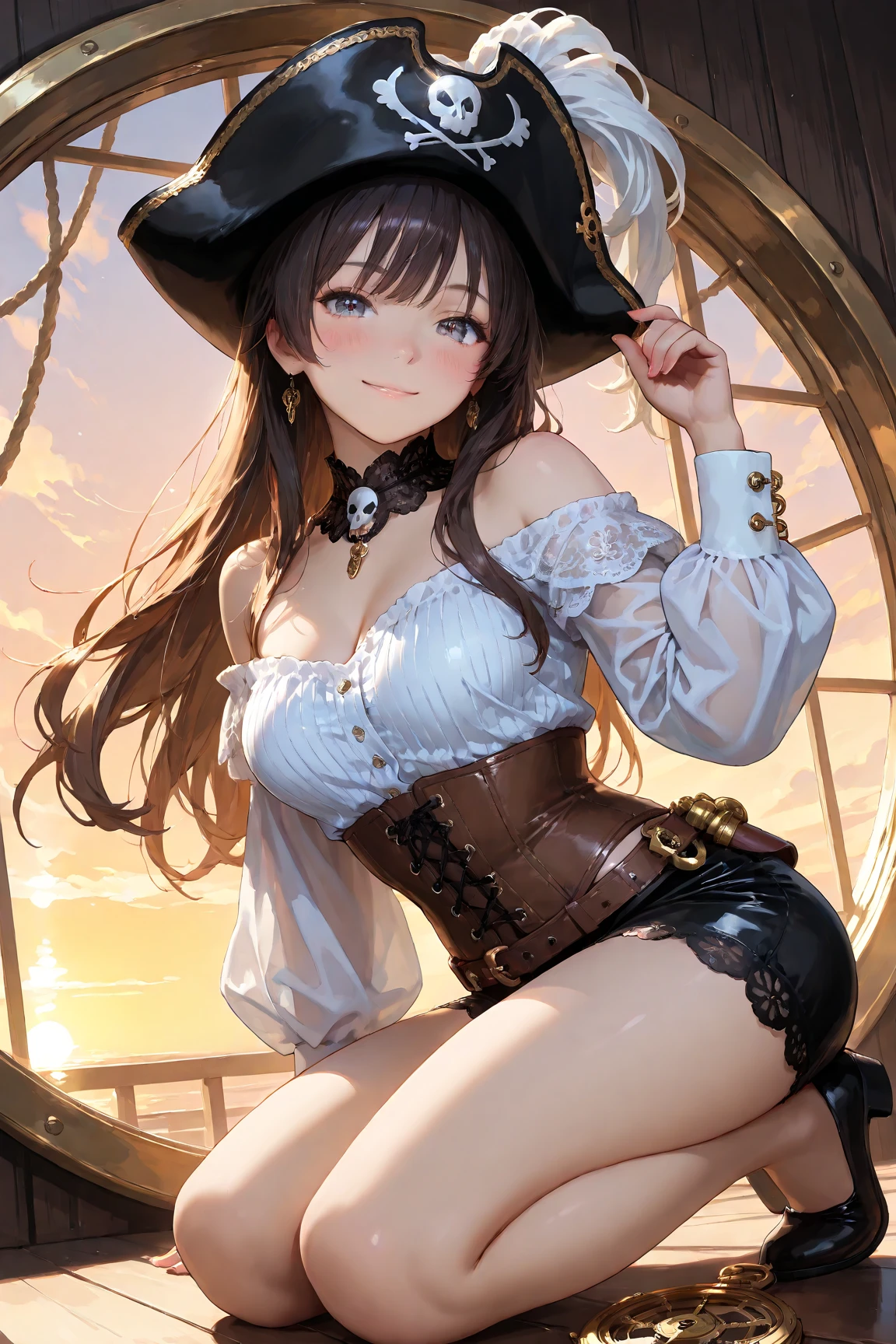 (((Pirate War))), ((Pirate costume)), (((skirt))), ((pantyhose)), ((Shiny Costumes)), skindentation, skinny, solo, 1 woman, Masterpiece, highest quality, highest quality, 16K, incredibly absurd, highly detailed, 2.5D, ai-generated, delicate and dynamic, very delicate facial expressions, delicate eye depiction, erotic, only sexy woman, ((A cute and kind face)), healthy figure, ((25-year-old woman)), 160cm tall, medium firm swaying bust, , blush, Sweat,Embarrassed,sexy, ((thin thighs)), (camel toe:0.7), (visible nipples:0.3), (Erect nipples,:0.7), shiny and lustrous, facing straight at viewer, (((in heat))), ((Oily_skin)), ((Lots of sweat)), (((Brown Skin))), ((dutch angle)), ((erotic pose)), ((On the open sea, on a pirate ship, in the hot summer),