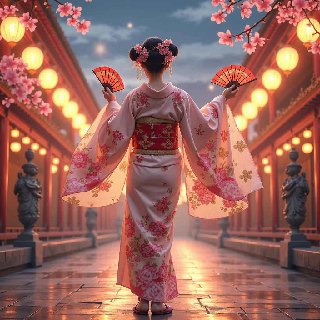A masterpiece of a high school girl in a provocative kimono.: A masterpiece in 16K UHD resolution takes place in a Japanese-style room decorated with cherry blossoms and lanterns.。An attractive young woman with brown hair falling down her back、She wears a flowing kimono that accentuates her curves..。His blue eyes shine with admiration as he smiles with his mouth open...、Its detailed features give off a blushing charm.。Photorealistic images are、From the seams of your kimono to every strand of hair、Capture every detail as the light flows softly behind her..。Her long fingers are adorned with intricate nails.