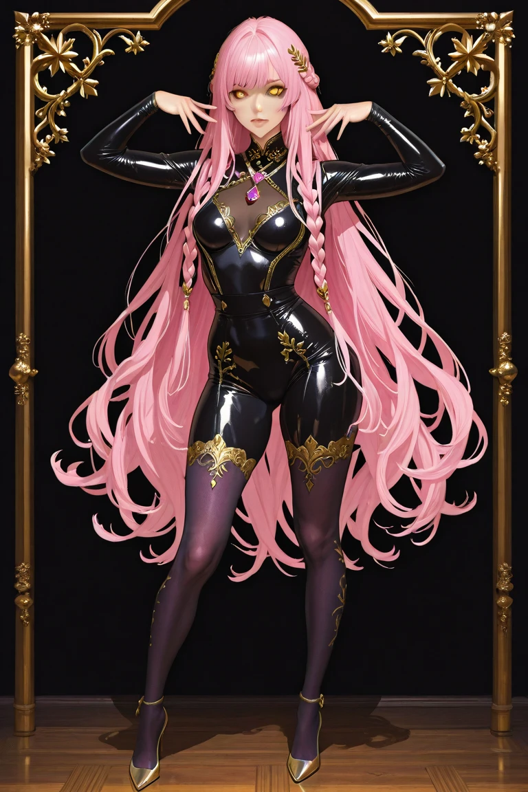 ((female1people))、((highest quality)), ((masterpiece)), (detailed), Perfect Face、Momo Belia Deviluke、Pink Hair, Purple eyes, short hair,jewelled tiara、femaleは性処理をする、Earrings、Red lipstick、An iron collar with a large red jewel、A luxurious veil、 ((Black shiny zentai)),The tights are tight to the body 、Gold embroidery on full body tights、Huge breasts、Bracelet、jewelled waist chain、Wear beautiful jewelry、(Latex suit covering the whole body in black)、black shiny gloves、Black shiny boots、Bedroom、((Give a to a man))、(She happily gives a blowjob to a guy's dick)、The man's dick is huge and erect、A man is having his erect penis given a blowjob、Big dick