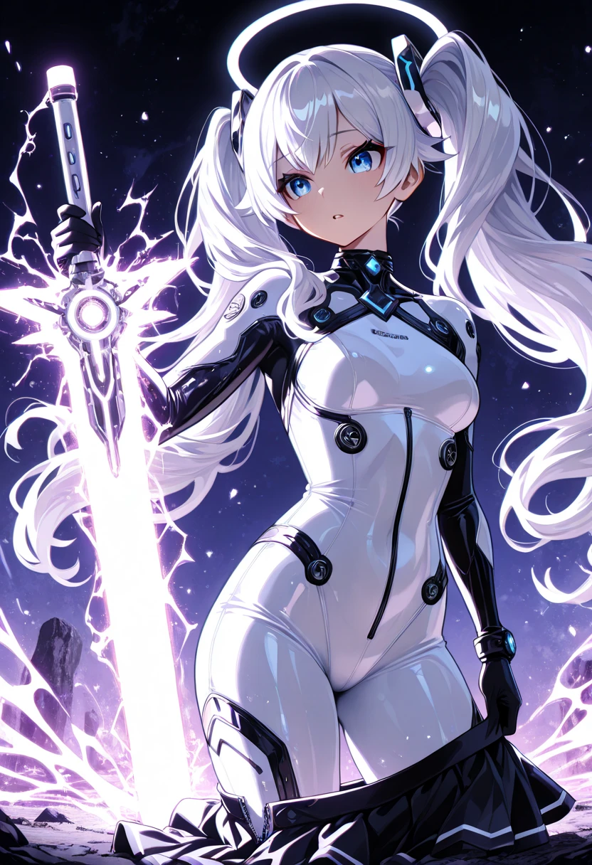 1girl, beautiful detailed eyes, superhero, mature woman, white hair, green eyes, beautiful detailed eyes, leotard, bare legs, boots, gloves, atoms, glowing body, light surrounding her body, light particles, space backdrop, standing, hand on hip, perfect anatomy, cowboy shot, full body shot, superpower.