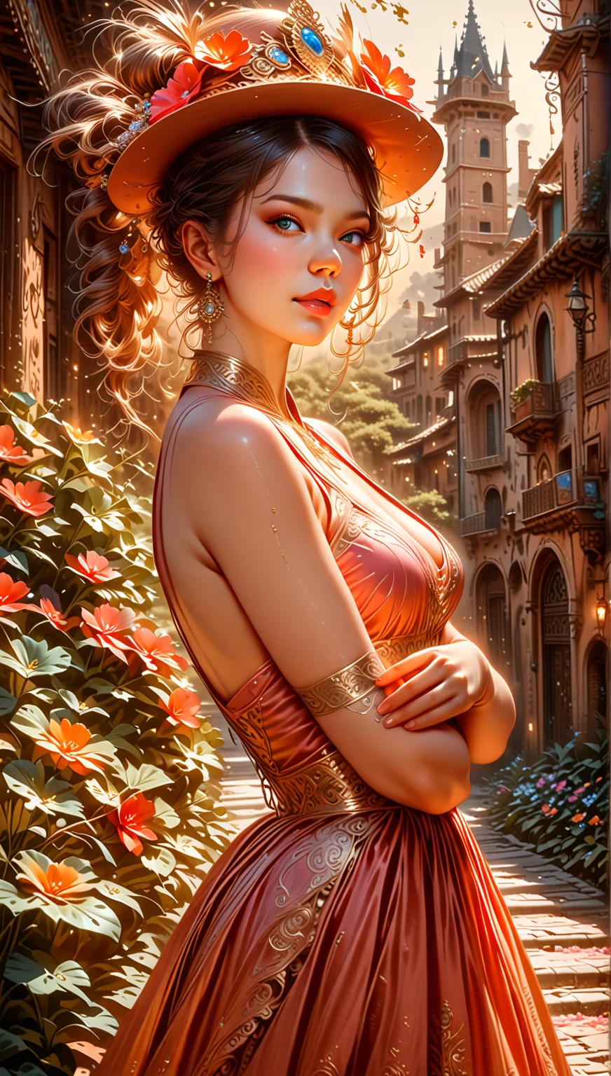 A mature female with beautiful detailed lips and a mischievous face, showcasing her naughty side. Her eyes are captivating and filled with wisdom. She stands proudly in the center of a bustling medieval city, surrounded by the grand architecture and intricate details of the buildings. The narrow streets are filled with people going about their daily lives. The city is enveloped in a gentle cloud, casting a soft and dreamy atmosphere. The woman emits a motherly aura, emanating warmth and protection. Her figure is curvaceous, with a spectacularly thicc frame and gigantic breasts that exude confidence. The artwork depicts the woman as the embodiment of power and femininity, evoking a sense of awe and admiration. The colors are vivid, with a mix of earthy tones and vibrant hues, highlighting the richness of the surroundings. The lighting is soft and warm, casting a gentle glow on the scene, accentuating the woman's features and creating a captivating ambiance. The image is of the highest quality, with ultra-detailed elements and a realistic, photorealistic rendering. This masterpiece conjures a sense of fantasy and enchantment, transporting the viewer to a world where strength and beauty intertwine harmoniously.