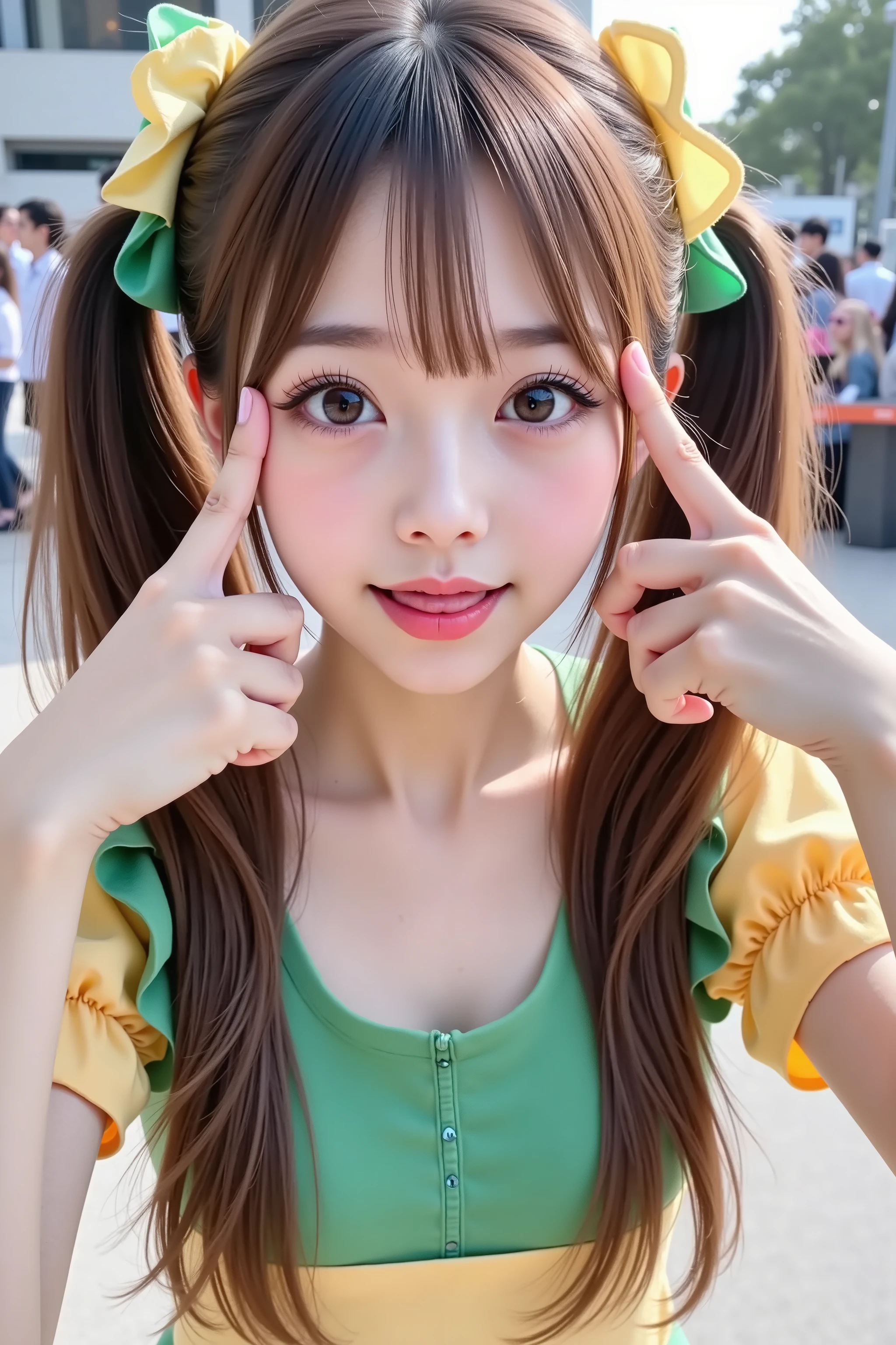 ((Selfie 2.0), Young and radiant skin, Marshmallow-like cheeks , in the city,((Close-up of face 1.5)), ,((Place your index fingers under your eyes)), age 16 , ,1 woman short sleeve with thin green and yellow ruffles,shorts,((long twin tail)), Colorful Hair Color, darker makeup, (stick out your tongue a little),((raising the corners of her mouth))