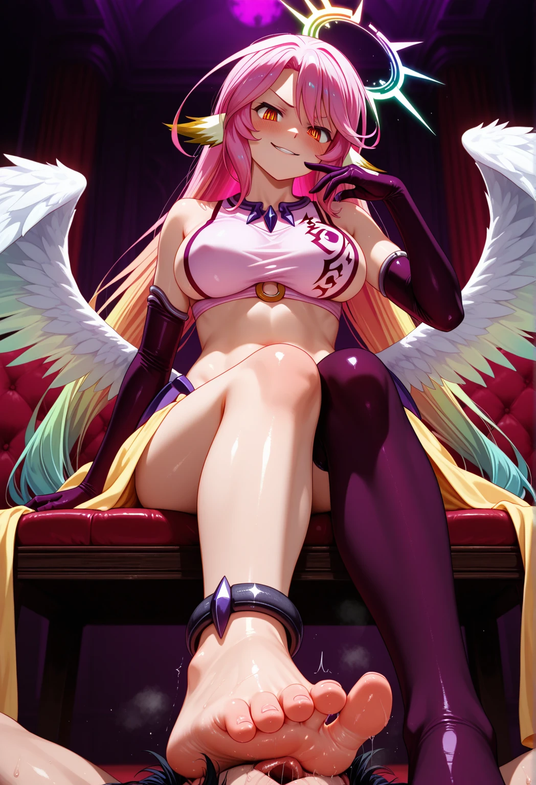 Queen of joy and love (dressed in pinks and deep reds, golden love themed crown), love themed throne, attended to by unicorns and fairies