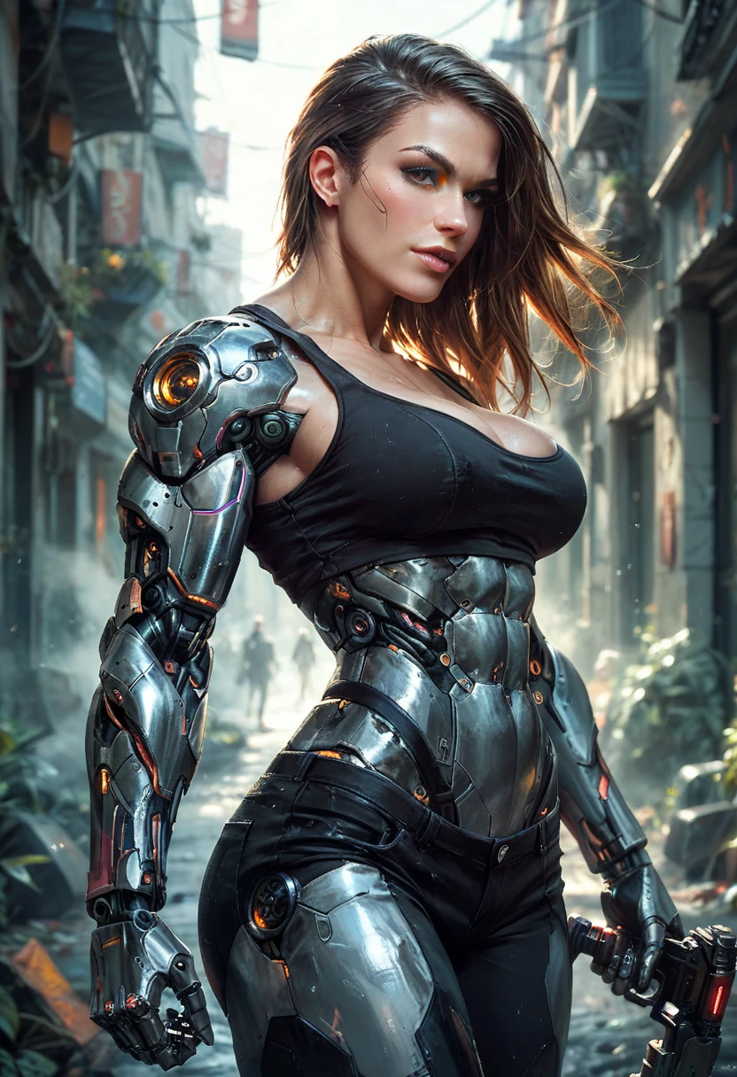 jennifer la mujer mecanica: guerrera de combate, con sus grandes ojos y su cuerpo metalico de cyborg se encuentra en la ciudad de zalem , repleta de elementos tecnologicos .