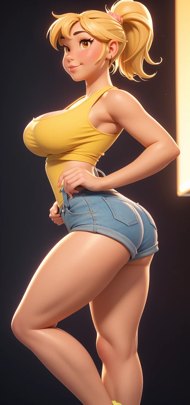 hyper realistic, realistic, masterpiece, 8k, HDR, slutty bimbo version of misty from pokemon full body, NSFW, wearing platform shoes, tiny cutoff jean shorts with her g-string hanging out, massive tits, yellow cropped t shirt with underboob showing, red suspenders, bedroom eyes,