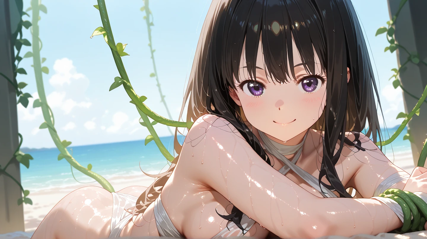 (masterpiece, best quality:1.2),1girl, (solo), Android 18 from Dragon Ball, ((string bikini, red bikini, side-tie bikini bottom)), lying on stomach, medium breasts, blunt bangs, short black hair, (black eyes), earrings on earlobes, slim, slender feminine figure, skinny body, blush, sky, magnificent view, blur background, 4K, open mouth, beach, smile, (Sandy Beach), beautiful butt, side boob, sun, (topless:1.4), nipple,