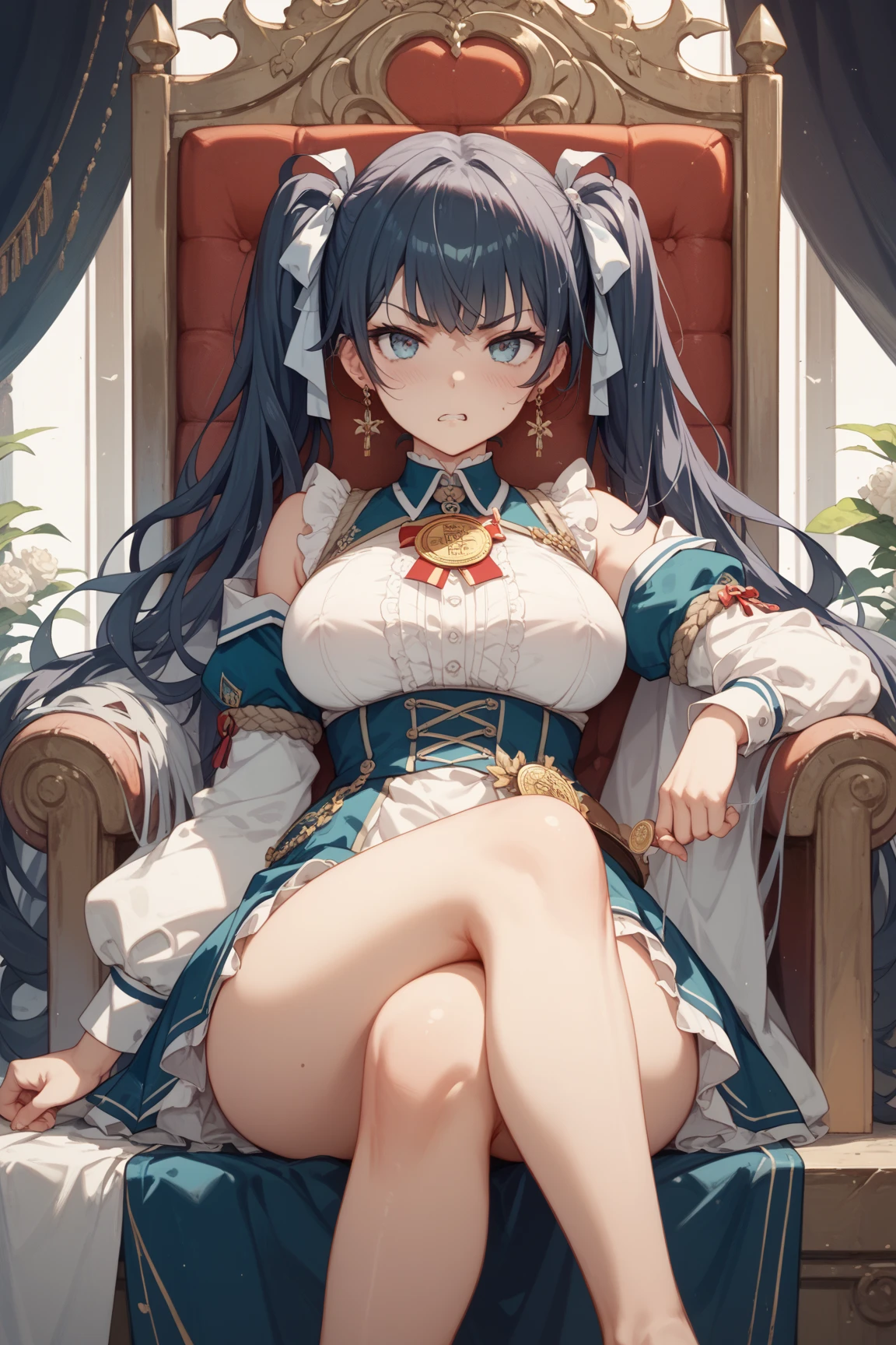 Two girls. A world of swords and sorcery. Wizard. Sitting on a chair, drinking tea on the desk. White underwear. Miniskirt. Opening the crotch. Knee-high socks. Big tits. Watching from under the desk. Bangs Patsun