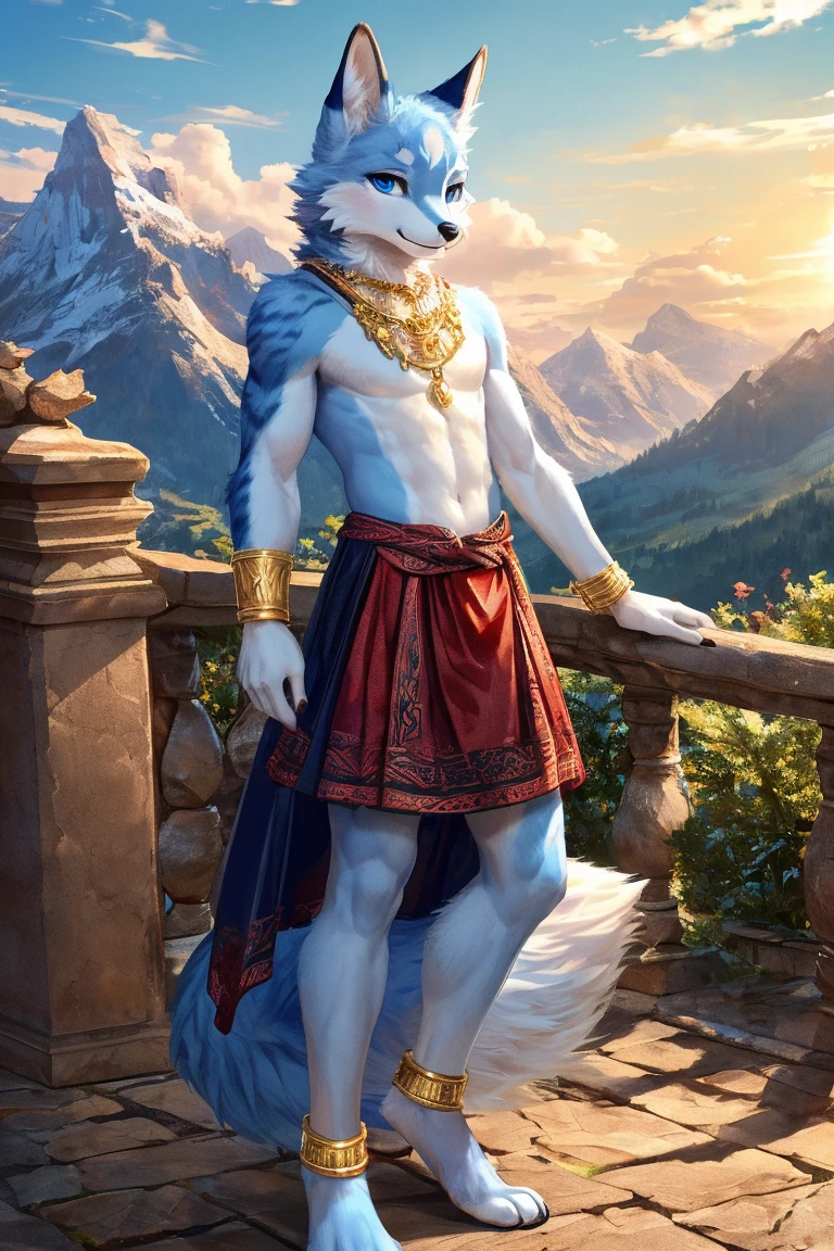 solo person,Wolf head,Wolf tail,male people,musculature,sexy
Light blue ears,blue hairs,White belly,Sky blue pupils,There is fur on the arms,There is fur on the legs,The whole body is covered with fur,standing in grassy field,The magic array under his feet emitted light,Behind it is a starry sky,On the left wrist is a bracelet woven with multicolored string,Holds the enchanted sword in his right hand(The long),is wearing casock,magestic,sideface