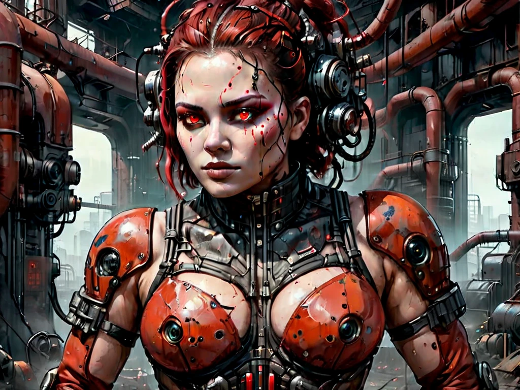 A highly detailed and realistic skull girl,( Anya. Taylor Joy) cyberpunk character, mad max furiosa, one hand robot, cyborg arm, orange hair, dramatic metal heavy rock theme, best quality, 8k, hyperrealistic, photorealistic, extreme detailed painting, studio lighting, vivid colors, dark moody atmosphere, cinematic, dramatic pose, intricate mechanical details, glowing energy effects, intense gritty textures, seamless integration of organic and inorganic elements. Wearing the used clothes of a wastelander. Background: An apocalyptic wasteland. Dusty and depressing.