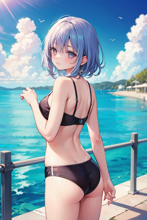 (nsfw:1.2), (8k, RAW photo, best quality, masterpiece: 1.4), ultra high definition, (realistic, photorealistic: 1.48), 20 yrs old, cute girl, (see-through white micro bikini:1.48), Japanese famous actor, (blue hair:1.4), short hair, (hair over one eye:1.3), blue eyes, head tilt, cowboy shot, from the side, looking at viewer, expressionless, beautiful lake, Zeiss 150mm f/ 2.8 Hasselblad, whole body, foot, super wide angle
