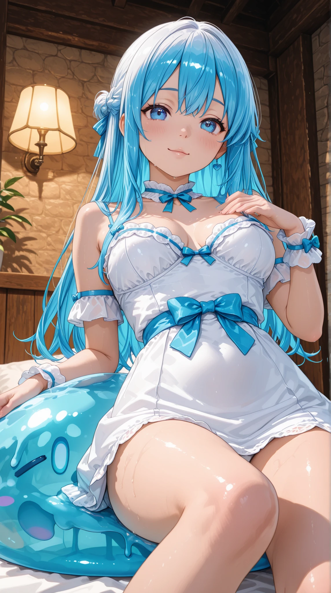 Light blue hair Long Hair Lori beautiful girl slender Embarrassing blush one person sexy chest Thighs Pink leotard