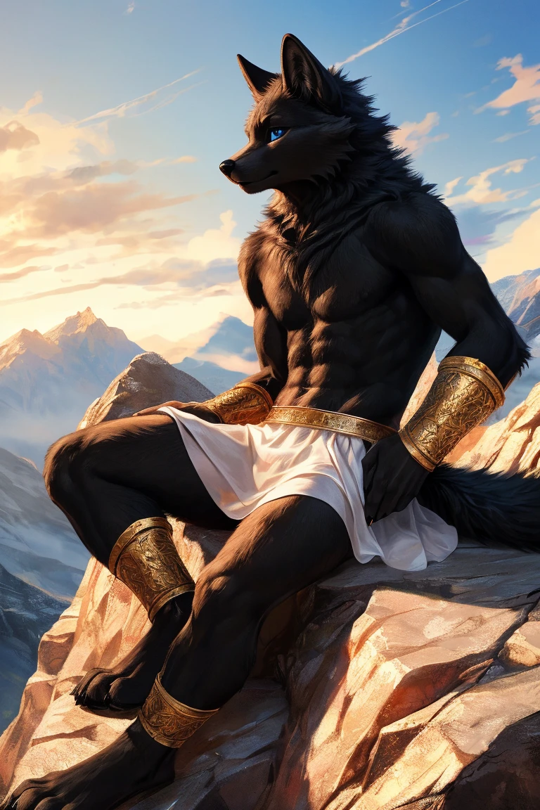 Masterpieces, furry, male, Anthropomorphic, full body, old age, rugged, doberman, veiny, thin and skinny fit body type, Delicate eyes, white goatee, white underbelly, glistening body, thug, wasteland thug, depth of field, warm lighting, bright lighting, (best quality),(masterpiece),(ultra detailed), sharp focus, wasteland background, fierce look, scars, full body, oily skin , white pubes, white armpit, tight white loincloth, slightly show the testicles and penis, flat six pack abs, black nipples , black collar